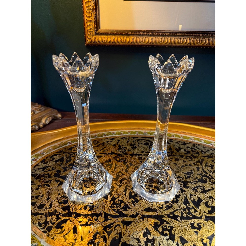 Vintage Bohemia Crystal Candlestick Holders‎ – Pair, 8.75″ Tall Lead Crystal
